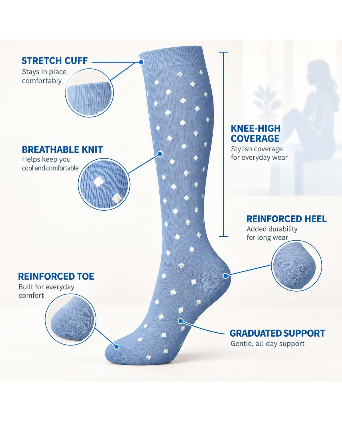 Patterned Compression Socks Knee High 8 Pair Set - Soft Gray Pink Mix structure and function guide