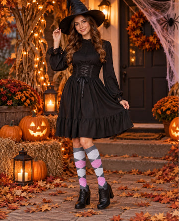 Patterned Compression Socks Knee High 8 Pair Set - Modern Argyle Mix Halloween cosplay model scene
