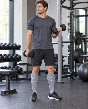 Patterned Compression Socks Knee High 8 Pair Set - Soft Gray Pink Mix male model gym workout scene
