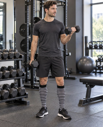 Patterned Compression Socks Knee High 8 Pair Set - Black White Classic Mix male model gym workout scene