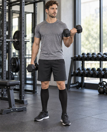 Patterned Compression Socks Knee High 8 Pair Set - Monochrome Mix male model gym workout scene