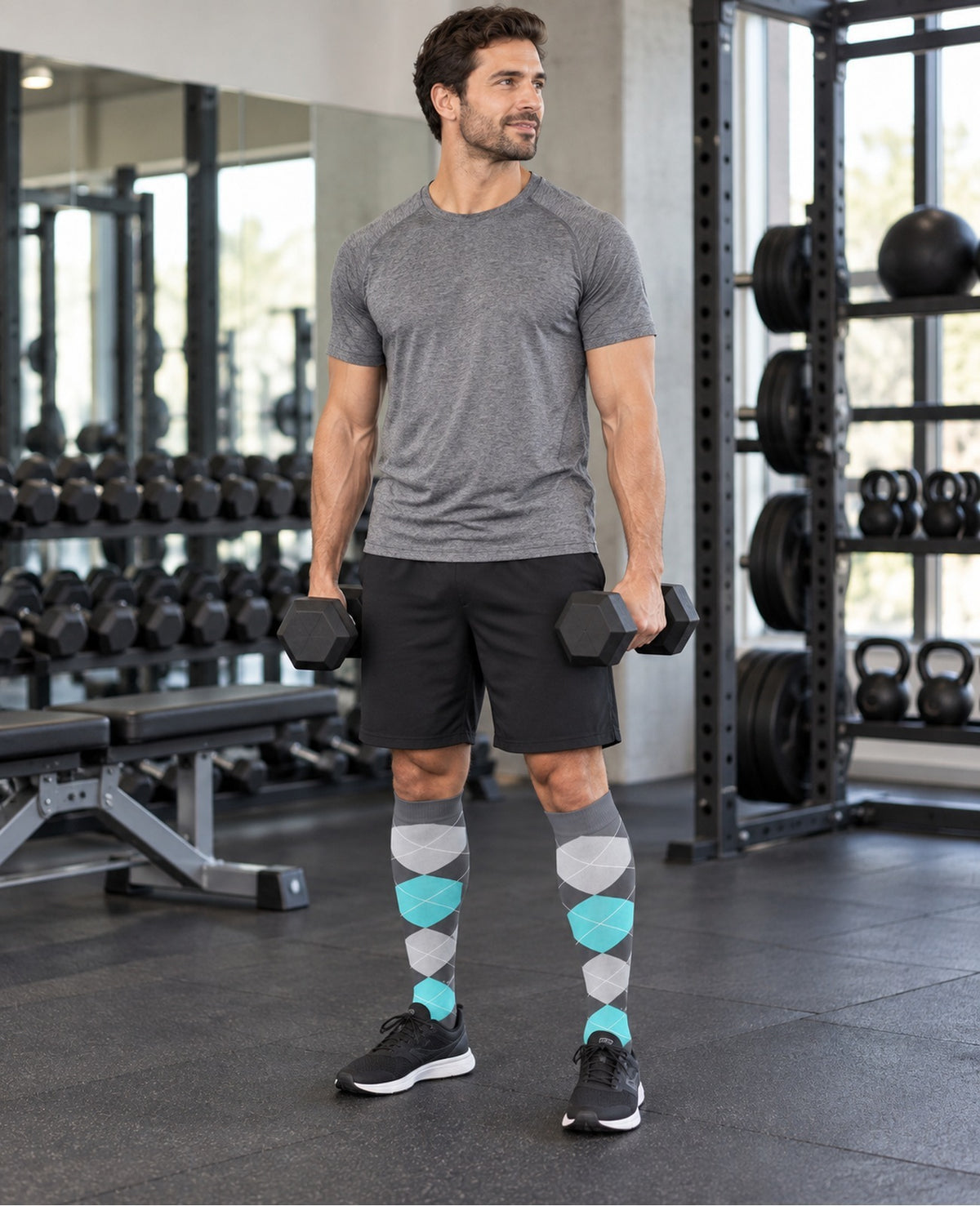 Patterned Compression Socks Knee High 8 Pair Set - Blue Stripe Mix male model gym workout scene