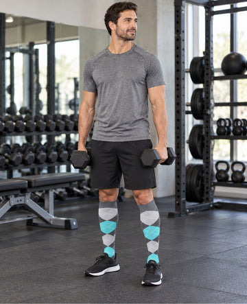 Patterned Compression Socks Knee High 8 Pair Set - Blue Stripe Mix male model gym workout scene