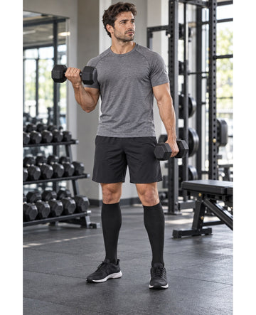 Patterned Compression Socks Knee High 8 Pair Set - Classic Neutral Mix male model gym workout scene