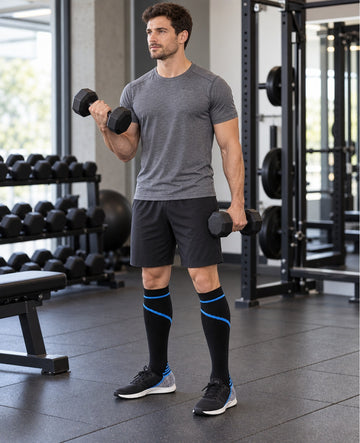 Patterned Compression Socks Knee High 8 Pair Set - Sporty Contrast Mix male model gym workout scene