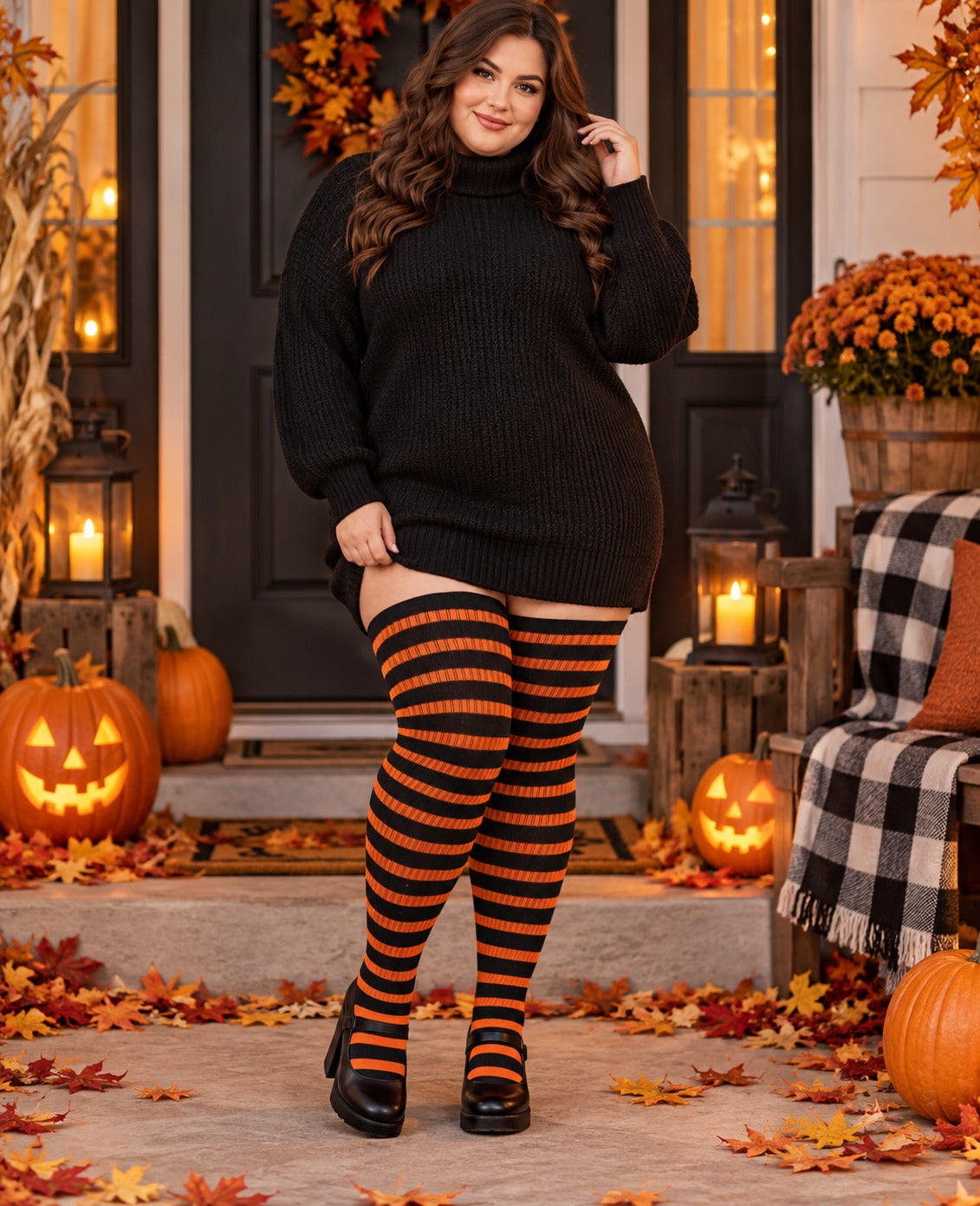 Cotton Plus Size Thigh High Socks-Black & Pumpkin plus size thigh-high socks, Black & Pumpkin pattern, worn by a plus-size woman in a holiday scene; cuff reaches near the upper thigh and preserves the original knit texture