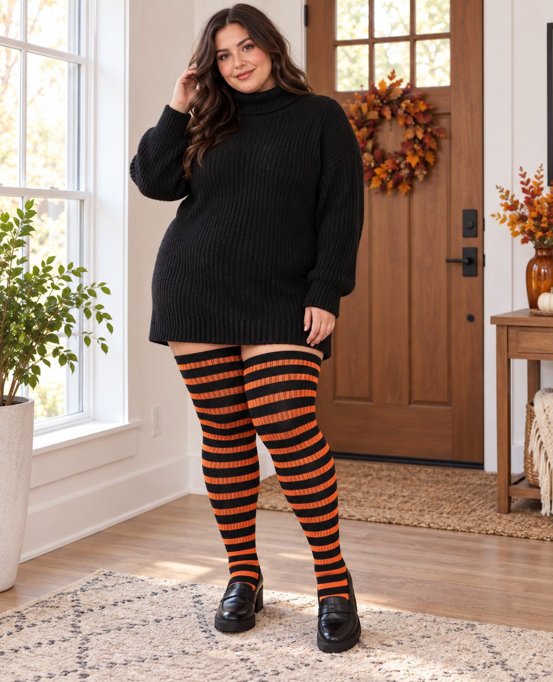 Cotton Plus Size Thigh High Socks-Black & Pumpkin plus size thigh-high socks, Black & Pumpkin pattern, worn by a plus-size woman in a lifestyle 02 scene; cuff reaches near the upper thigh and preserves the original knit texture