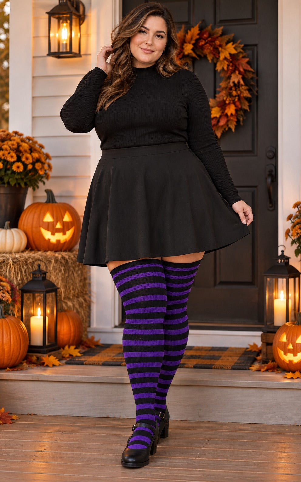 Cotton Plus Size Thigh High Socks-Black & Purple plus size thigh-high socks, Black & Purple pattern, worn by a plus-size woman in a holiday scene; cuff reaches near the upper thigh and preserves the original knit texture