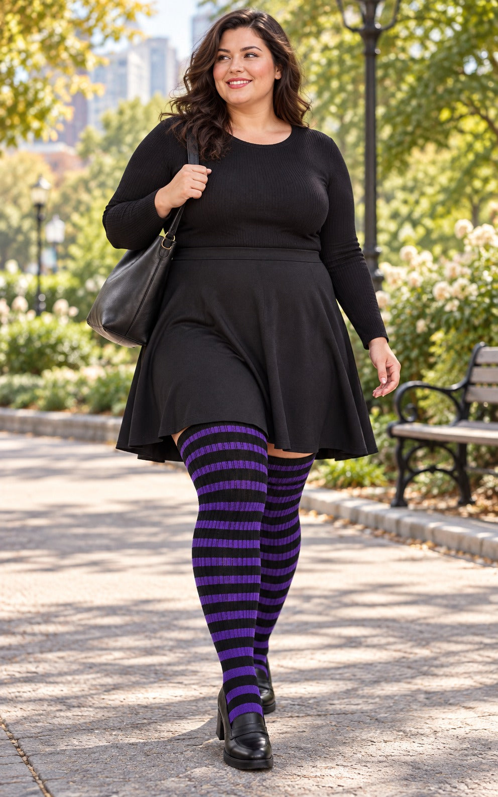 Cotton Plus Size Thigh High Socks-Black & Purple plus size thigh-high socks, Black & Purple pattern, worn by a plus-size woman in a lifestyle 01 scene; cuff reaches near the upper thigh and preserves the original knit texture