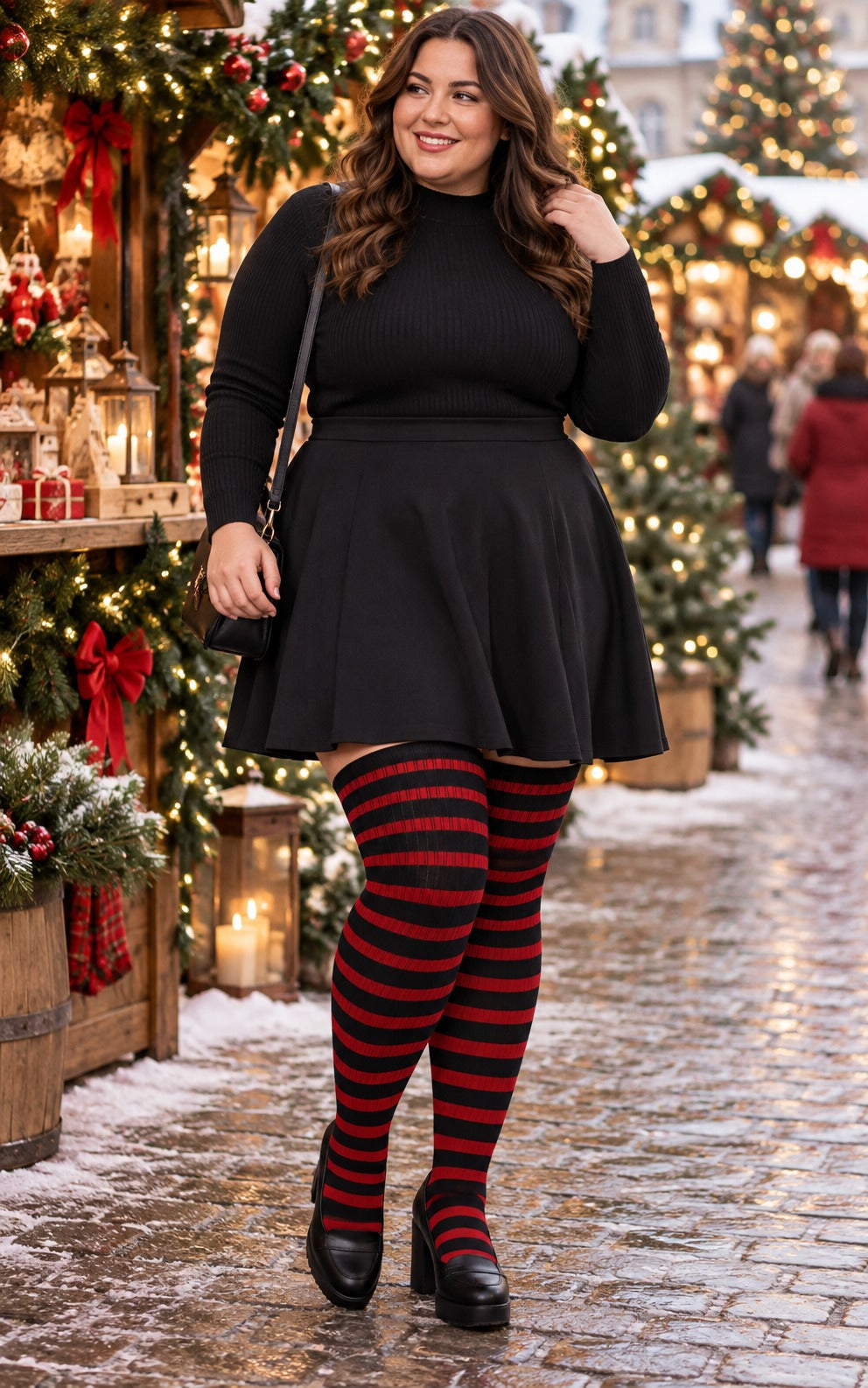 Cotton Plus Size Thigh High Socks-Black & Red plus size thigh-high socks, Black & Red pattern, worn by a plus-size woman in a holiday scene; cuff reaches near the upper thigh and preserves the original knit texture