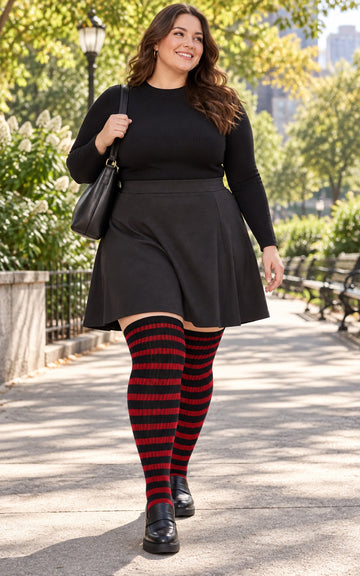 Cotton Plus Size Thigh High Socks-Black & Red plus size thigh-high socks, Black & Red pattern, worn by a plus-size woman in a lifestyle 01 scene; cuff reaches near the upper thigh and preserves the original knit texture