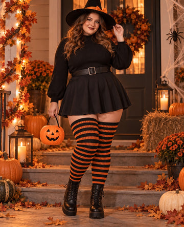 Cotton Plus Size Thigh High Socks-Black & Pumpkin worn in a Halloween cosplay lifestyle scene