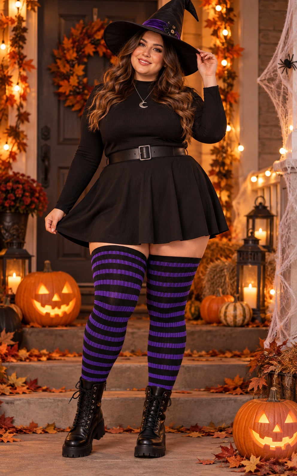 Cotton Plus Size Thigh High Socks-Black & Purple worn in a Halloween cosplay lifestyle scene