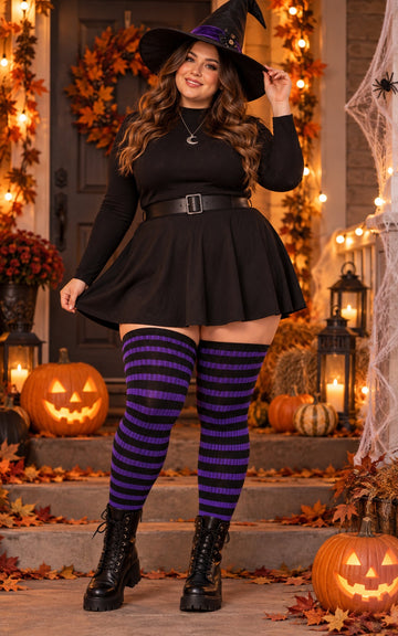 Cotton Plus Size Thigh High Socks-Black & Purple worn in a Halloween cosplay lifestyle scene