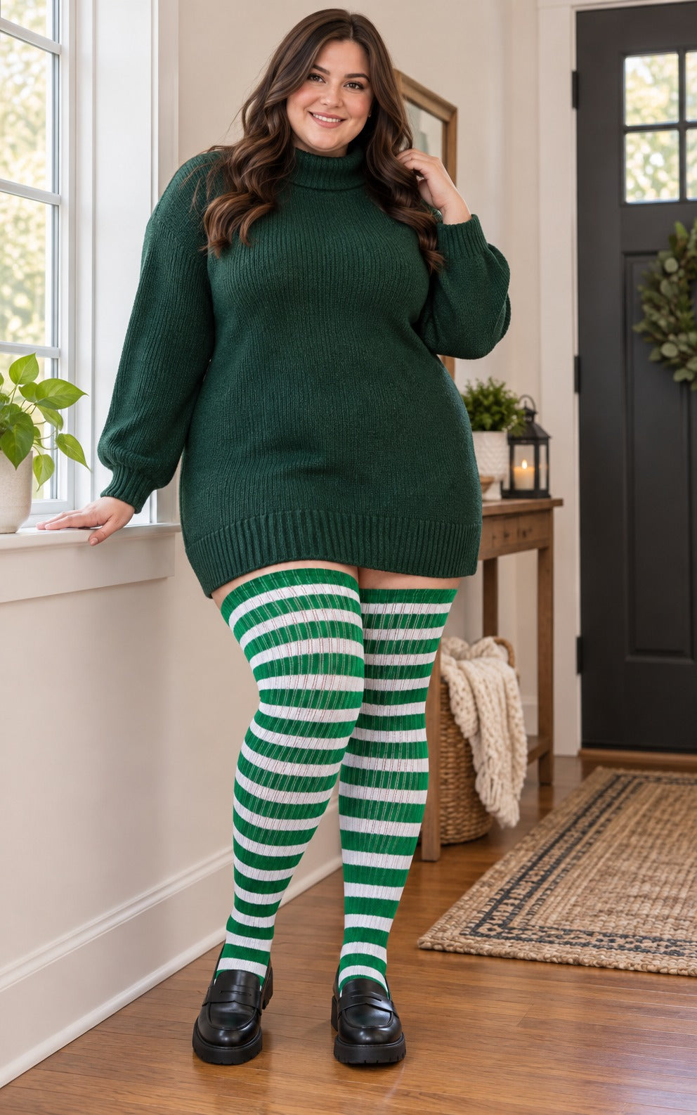 Cotton Plus Size Thigh High Socks-Green & White plus size thigh-high socks, Green & White pattern, worn by a plus-size woman in a lifestyle 02 scene; cuff reaches near the upper thigh and preserves the original knit texture