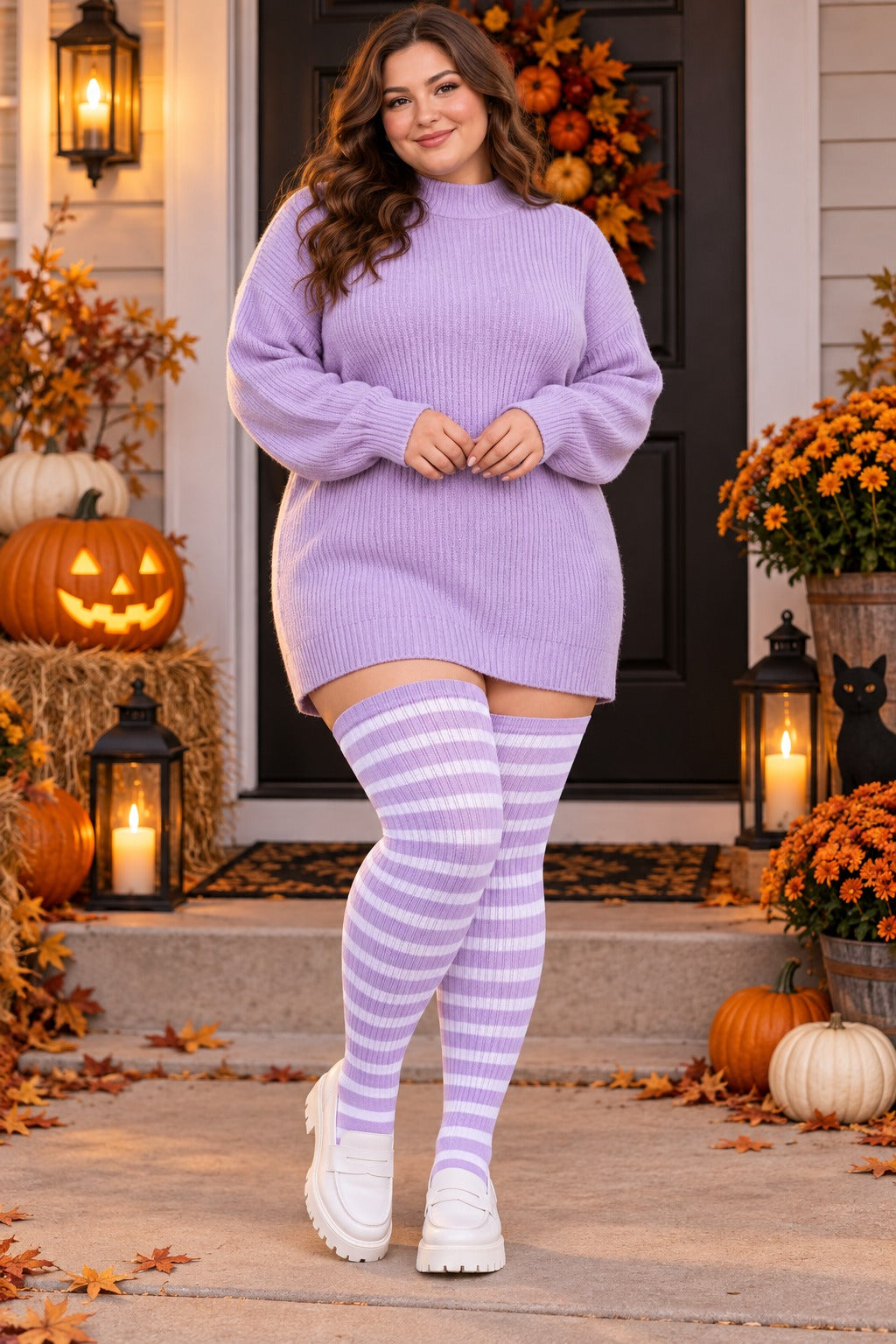 Cotton Plus Size Thigh High Socks-Light Purple & White plus size thigh-high socks, Light Purple & White pattern, worn by a plus-size woman in a holiday scene; cuff reaches near the upper thigh and preserves the original knit texture