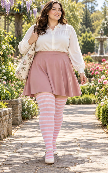 Cotton Plus Size Thigh High Socks-Pink & White plus size thigh-high socks, Pink & White pattern, worn by a plus-size woman in a lifestyle 01 scene; cuff reaches near the upper thigh and preserves the original knit texture