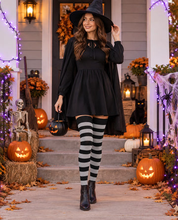 Cotton Thigh High Socks Striped - Black Grey slim female model Halloween and holiday cosplay scene 01, original striped cotton knit texture preserved