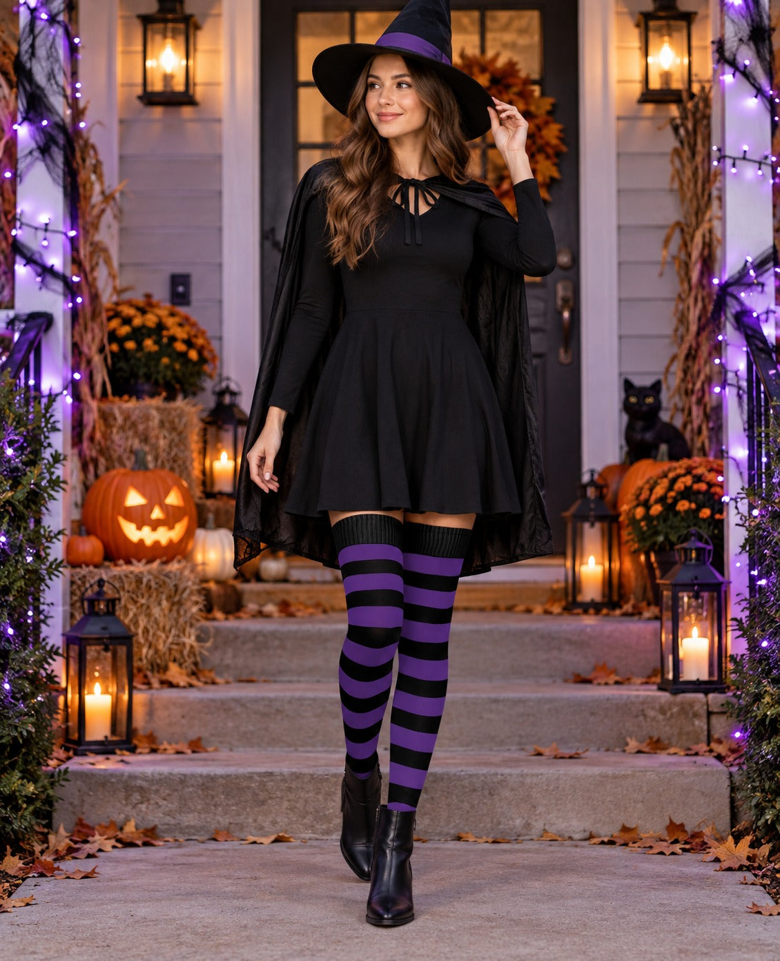 Cotton Thigh High Socks Striped - Black Purple slim female model Halloween and holiday cosplay scene 01, original striped cotton knit texture preserved