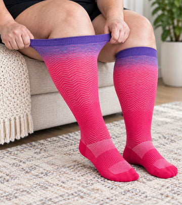 Plus Size Extra Wide Compression Socks 4 Pair Bundle - Rainbow Gradient - knee-high wide-calf opening stretch demonstration