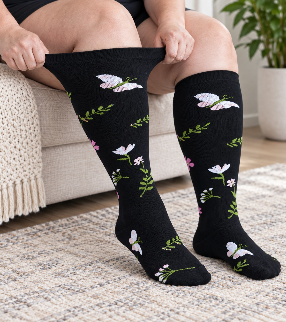 Plus Size Extra Wide Compression Socks 4 Pair Bundle - Butterfly Floral - knee-high wide-calf opening stretch demonstration