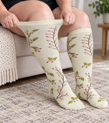 Plus Size Extra Wide Compression Socks 4 Pair Bundle - Soft Garden - knee-high wide-calf opening stretch demonstration