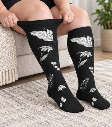 Plus Size Extra Wide Compression Socks 4 Pair Bundle - Floral Contrast - knee-high wide-calf opening stretch demonstration