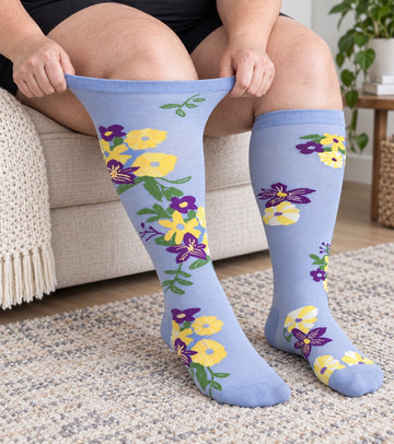 Plus Size Extra Wide Compression Socks 4 Pair Bundle - Garden Flowers - knee-high wide-calf opening stretch demonstration
