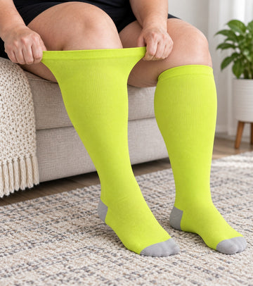 Plus Size Extra Wide Compression Socks 4 Pair Bundle - Contrast Heel - knee-high wide-calf opening stretch demonstration