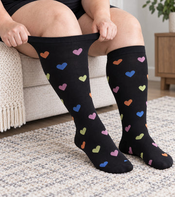 Plus Size Extra Wide Compression Socks 4 Pair Bundle - Heart and Signal - knee-high wide-calf opening stretch demonstration