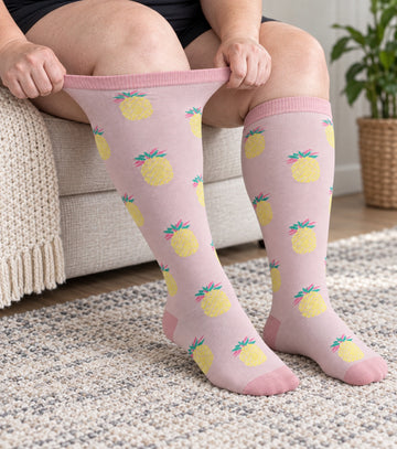 Plus Size Extra Wide Compression Socks 4 Pair Bundle - Playful Pink - knee-high wide-calf opening stretch demonstration