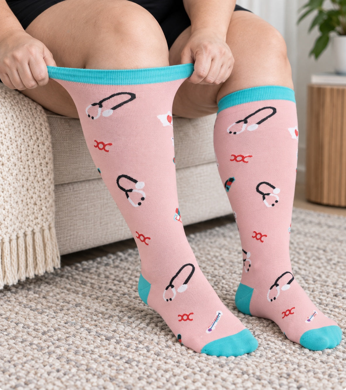 Plus Size Extra Wide Compression Socks 4 Pair Bundle - Color Signal - knee-high wide-calf opening stretch demonstration