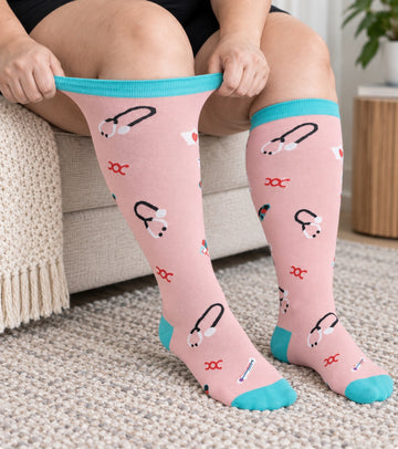 Plus Size Extra Wide Compression Socks 4 Pair Bundle - Color Signal - knee-high wide-calf opening stretch demonstration