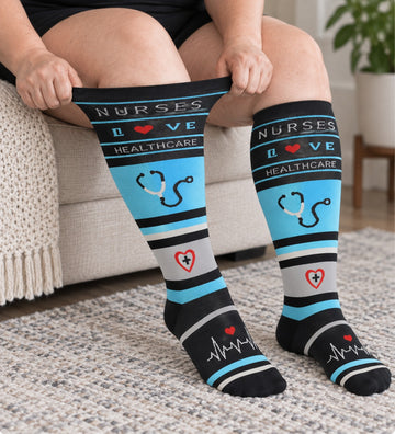 Plus Size Extra Wide Compression Socks 4 Pair Bundle - Modern Mix - knee-high wide-calf opening stretch demonstration