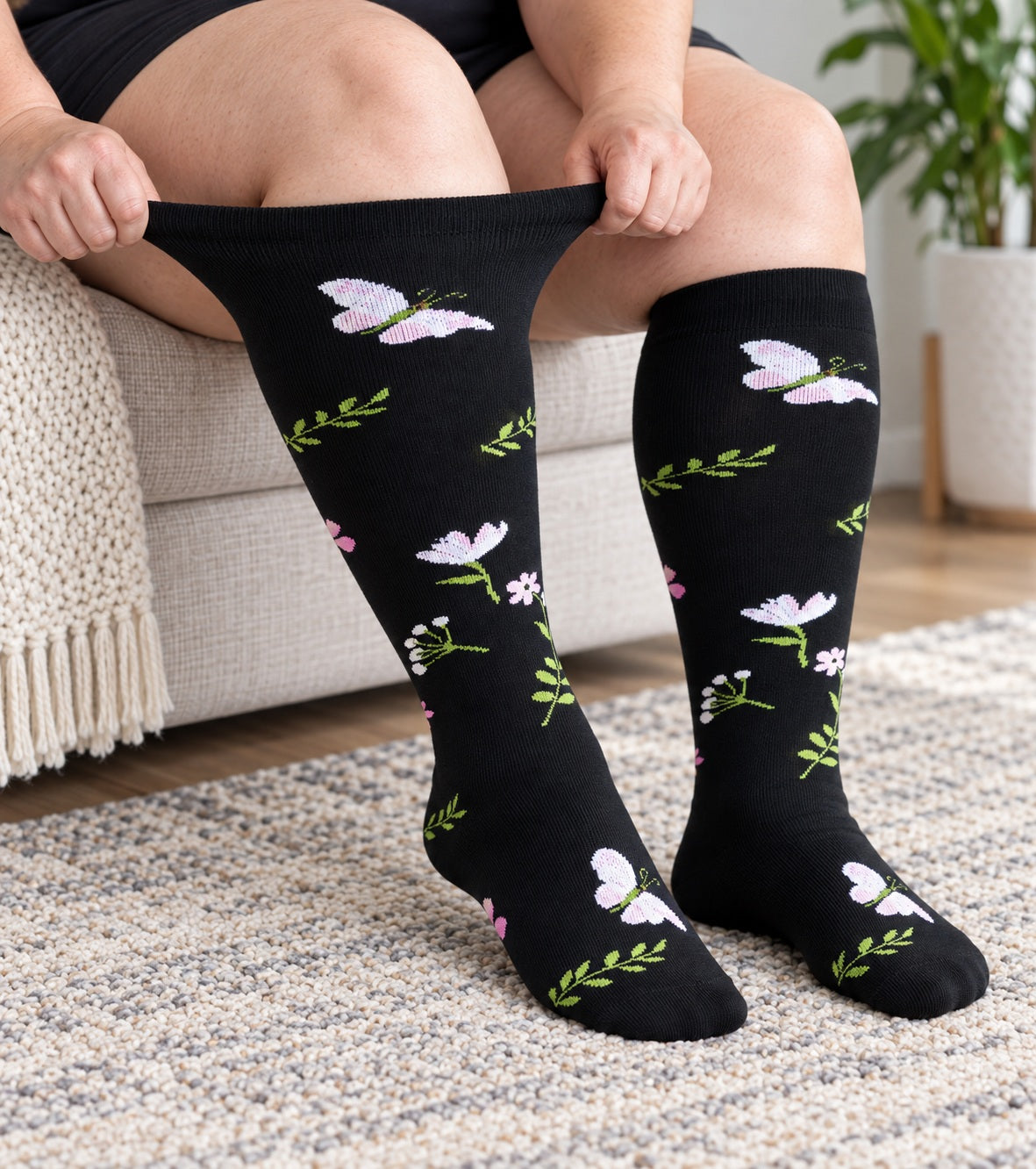 Plus Size Extra Wide Compression Socks 4 Pair Bundle - Pastel Pattern - knee-high wide-calf opening stretch demonstration