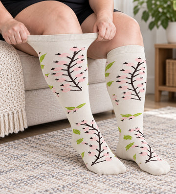 Plus Size Wide Calf Compression Socks 8 Pair Bundle - Pattern Set 02 - knee-high wide-calf opening stretch demonstration