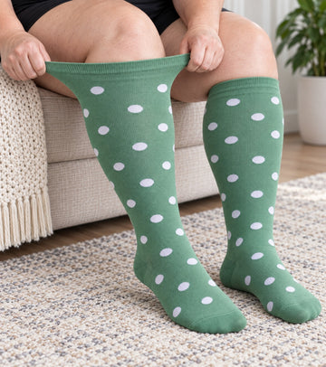 Plus Size Wide Calf Compression Socks 8 Pair Bundle - Pattern Set 03 - knee-high wide-calf opening stretch demonstration