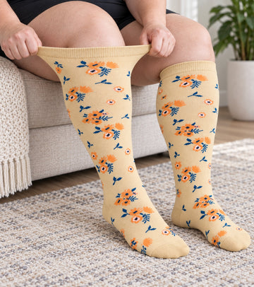 Plus Size Wide Calf Compression Socks 8 Pair Bundle - Pattern Set 05 - knee-high wide-calf opening stretch demonstration