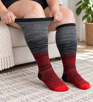 Plus Size Wide Calf Compression Socks 8 Pair Bundle - Pattern Set 06 - knee-high wide-calf opening stretch demonstration