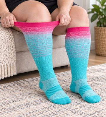 Plus Size Wide Calf Compression Socks 8 Pair Bundle - Pattern Set 07 - knee-high wide-calf opening stretch demonstration