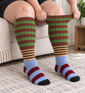 Plus Size Wide Calf Compression Socks 8 Pair Bundle - Pattern Set 08 - knee-high wide-calf opening stretch demonstration