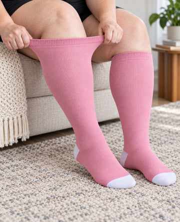 Plus Size Wide Calf Compression Socks 8 Pair Bundle - Pattern Set 11 - knee-high wide-calf opening stretch demonstration