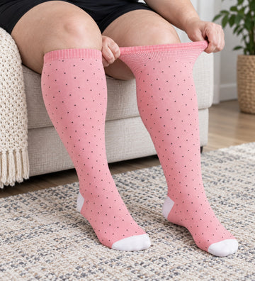 Plus Size Wide Calf Compression Socks 8 Pair Bundle - Pattern Set 13 - knee-high wide-calf opening stretch demonstration