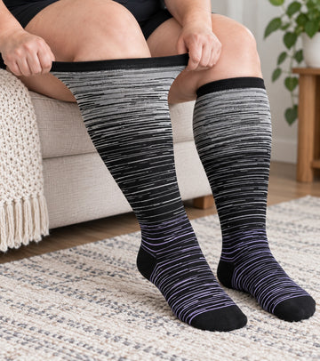 Plus Size Wide Calf Compression Socks 8 Pair Bundle - Pattern Set 16 - knee-high wide-calf opening stretch demonstration