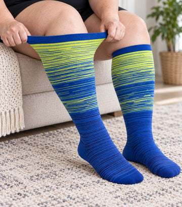 Plus Size Wide Calf Compression Socks 8 Pair Bundle - Pattern Set 17 - knee-high wide-calf opening stretch demonstration