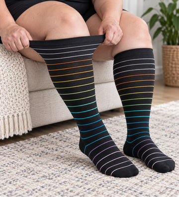 15-20 mmHg Plus Size Wide Calf Compression Socks 10 Pack - Stripes & Dots - knee-high wide-calf opening stretch demonstration