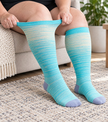 15-20 mmHg Plus Size Wide Calf Compression Socks 10 Pack - Gradient Spectrum - knee-high wide-calf opening stretch demonstration