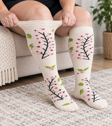 15-20 mmHg Plus Size Wide Calf Compression Socks 10 Pack - Floral Garden - knee-high wide-calf opening stretch demonstration