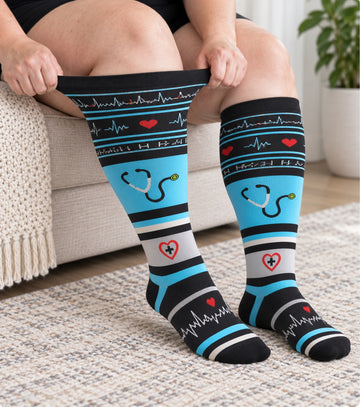 15-20 mmHg Plus Size Wide Calf Compression Socks 10 Pack - Active Support - knee-high wide-calf opening stretch demonstration