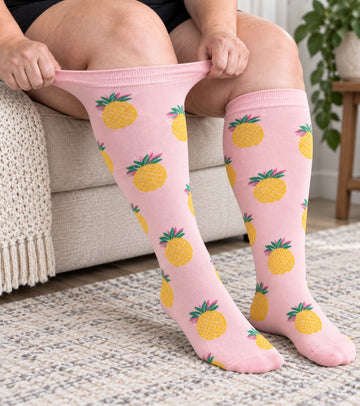 15-20 mmHg Plus Size Wide Calf Compression Socks 10 Pack - Fruit & Color - knee-high wide-calf opening stretch demonstration